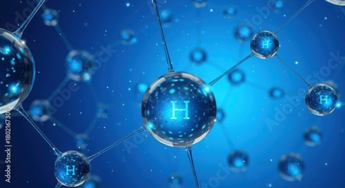 Molecular structure of hydrogen atom on a blue background with bokeh lights, Molecule, Atomic structure, Science