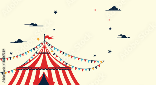 A charming illustration of a classic red and white striped circus tent decorated with colorful bunting under a starry night sky, evoking a sense of wonder and festivity.