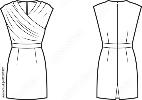 Sleeveless dress technical sketch, front and back view, draped bodice, waist seam, zipper back, fashion flat, garment construction, vector illustration