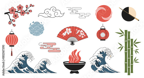 A collection of traditional Japanese motifs and design elements including cherry blossoms, waves, lanterns, and bamboo, presented in a flat, illustrative style.