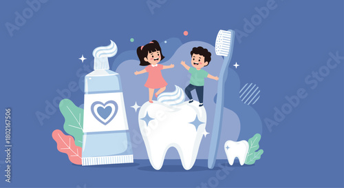 Cheerful children playfully stand atop a large, sparkling tooth with toothpaste and a toothbrush, promoting dental hygiene and healthy habits for kids.