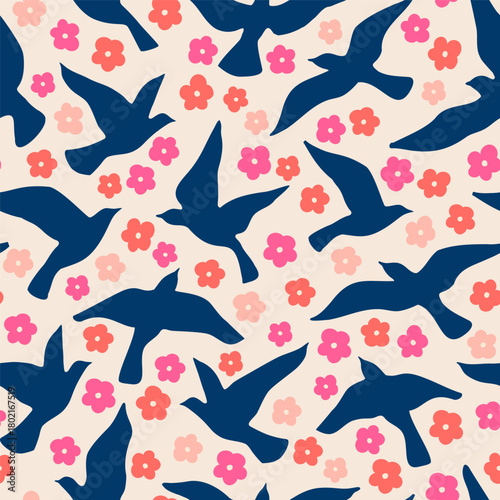 Abstract flying birds on simple little flowers background. Silhouettes of pigeons, doves daisy florals seamless pattern. Vector illustration for minimal textile fabric print design