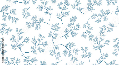 Delicate botanical illustration featuring stylized branches and leaves in a soft blue hue, creating a seamless repeating pattern for backgrounds and textiles.