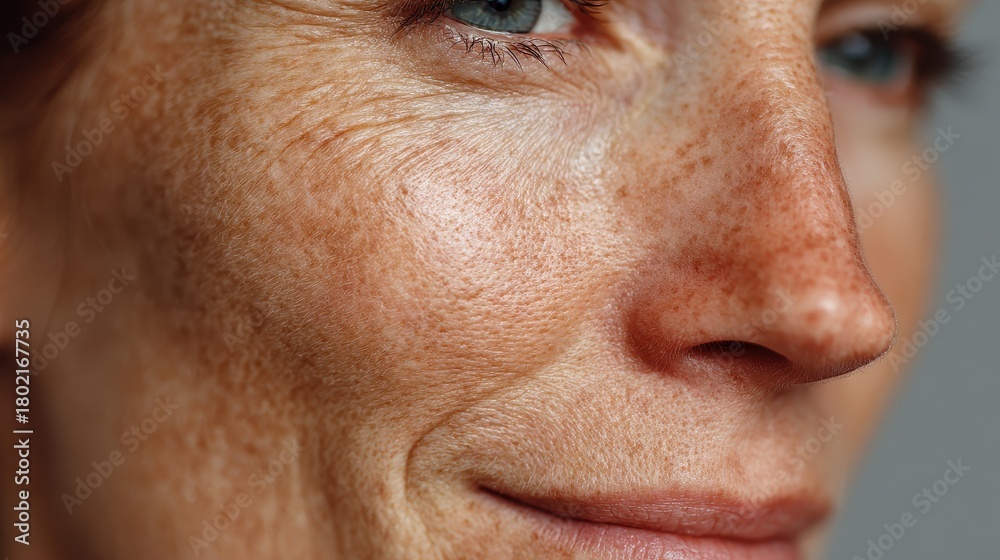 Obraz premium Close up of a fair-skinned man's face with freckles and an intense gaze from his green eye