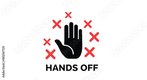 A black silhouette of a hand with red 'x' marks surrounding it, accompanied by the text 'hands off', conveying a clear message of prohibition or restriction.