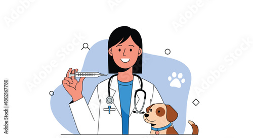 A friendly veterinarian holds a syringe while standing next to a happy dog, illustrating pet healthcare and compassionate animal treatment.