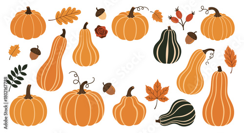 A colorful autumn arrangement featuring pumpkins, gourds, leaves, acorns, and rosehips creates a festive fall harvest scene.