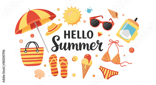 A vibrant summer scene featuring beach essentials like a striped umbrella, sunglasses, a straw hat, and a bikini, with the text 'Hello Summer' in playful lettering.