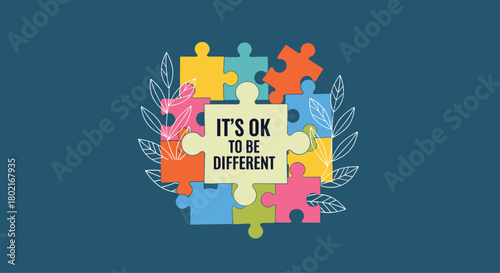 Colorful jigsaw puzzle pieces arranged in a wreath shape with the text 'It's ok to be different' promoting inclusivity and acceptance.