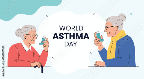 World Asthma Day illustration featuring two senior adults using inhalers, promoting awareness and respiratory health for the elderly population.
