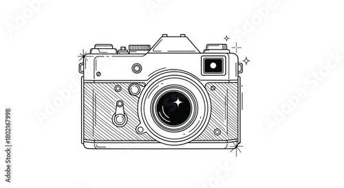 Vintage camera illustration with sparkling details, a nostalgic symbol of photography and timeless artistry, beautifully rendered in a linear style.