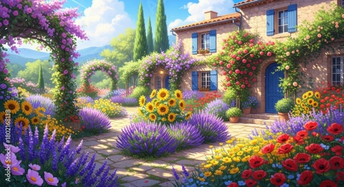 Idyllic French Countryside Garden Oasis, Flowers, Villa, Home