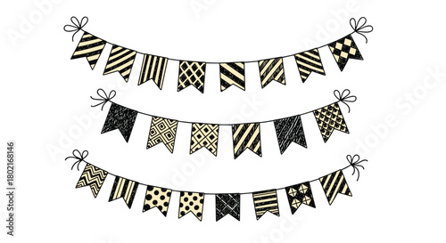 Festive bunting garlands with black and beige geometric patterns create a celebratory atmosphere, perfect for parties and events.
