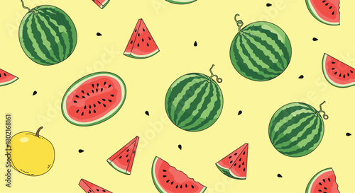 A cheerful pattern of whole and sliced watermelons and a single lemon on a pale yellow background evokes summertime freshness and a playful, fruity vibe.