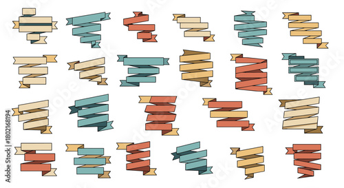 Collection of vintage ribbon banners and decorative scroll elements in pastel colors, ideal for design projects and celebratory themes.