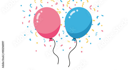 Festive celebration with a pair of colorful balloons-one pink and one blue-surrounded by bright confetti, symbolizing joy and a cheerful occasion.