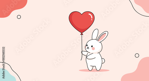 Adorable white bunny holding a bright red heart-shaped balloon, a sweet illustration perfect for Valentine's Day, love themes, or cheerful greetings.