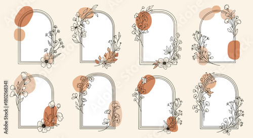 Elegant floral arch frames collection with botanical line art and terracotta shapes for wedding invitations, stationery, or branding designs.
