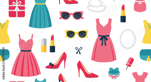A colorful and playful pattern featuring fashionable women's clothing, accessories, and gift items, perfect for backgrounds or design elements.