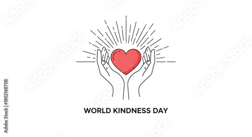 A pair of hands gently cradling a red heart with radiating lines above, celebrating World Kindness Day with a message of compassion and care.