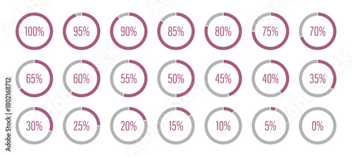 Template of pink and gray color fill pie charts indicators. Pink progress bars. Round graph loading progress set. Circle diagrams icons, infographics from 100 to 0 percent. Round percentage infographi