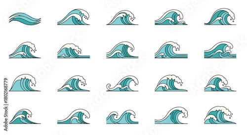 Collection of stylized turquoise wave illustrations in varying shapes and sizes, depicting ocean currents and water movement, perfect for nautical themes.
