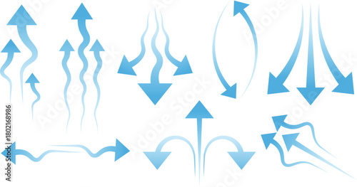 A collection of airflow icons with arrow and wave shapes depicting fresh air, ventilation, and wind movement.