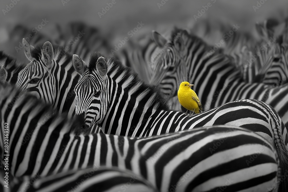 Obraz premium Yellow bird in selective color perched on zebra back within monochrome herd
