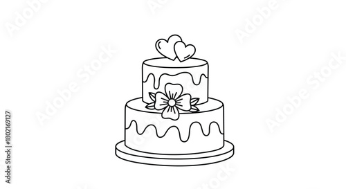 A charming two-tiered wedding cake illustration with heart toppers and floral decorations, perfect for celebrations and romantic designs.