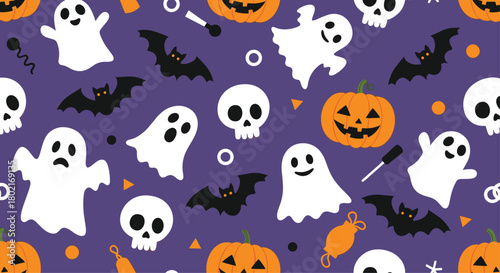 Festive halloween pattern featuring cute ghosts, bats, pumpkins, skulls, and candy on a purple background, perfect for seasonal designs and spooky celebrations.