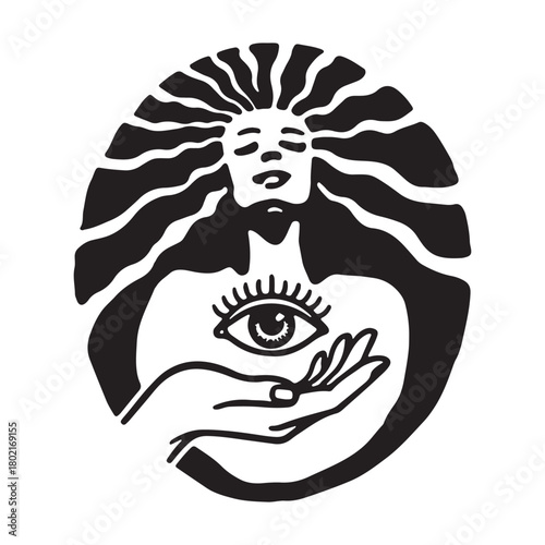 Mystical Woman Holding All-Seeing Eye of Providence Vector Emblem.