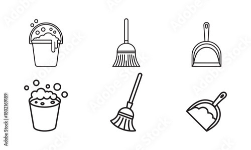 Cleaning Tools Bucket Broom Dustpan Line Icons Set Vector