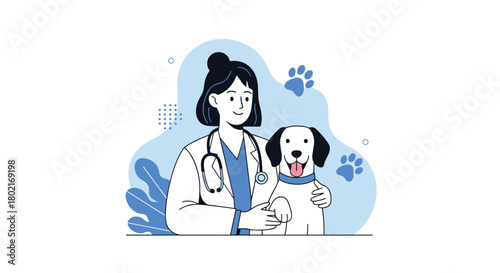 A friendly veterinarian smiles with a happy dog, showcasing compassionate animal healthcare and the bond between humans and their pets.