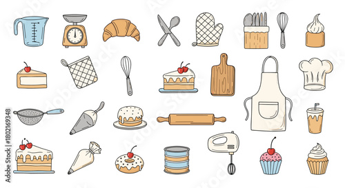 Charming hand-drawn illustration of baking tools and sweet treats, including cakes, pastries, and kitchen utensils, perfect for culinary themes and designs.