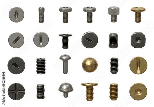 Top‑View Fasteners Pack (16 Screw Heads) – Isolated on Transparent Background PNG