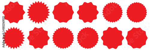 Sale sticker, price tag, starburst icon set, Set of red starburst. Price sticker, sale sticker, price tag, starburst, quality mark, retro stars, sale. Circle sticker set. Wavy edge promo red badges 