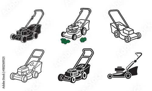 Lawn Mower Garden Equipment Icon Set Vector Illustration