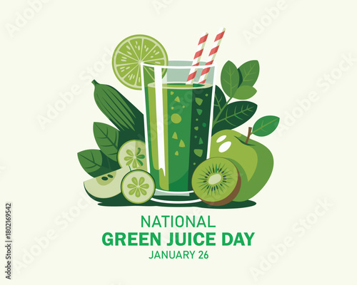 National Green Juice Day vector. Healthy green vegetable and fruit juice vector. Glass of green smoothie icon. Green Juice Day Poster, January 26.