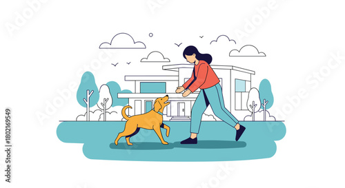 A woman playfully interacts with her happy golden retriever dog in front of a modern home on a bright, sunny day, enjoying outdoor time together.
