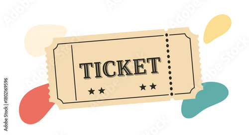 A vintage-style ticket illustration with a torn edge and colorful abstract shapes, perfect for event promotions, celebrations, or creative projects.