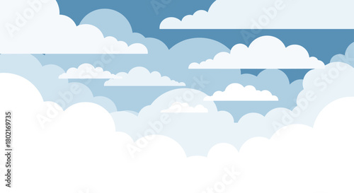 A serene and stylized illustration of a bright blue sky filled with fluffy white clouds, creating a peaceful and airy atmosphere.