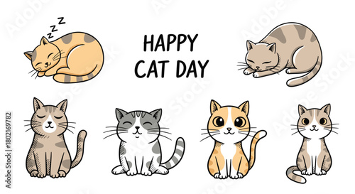 Charming collection of adorable cartoon cats in various poses celebrating happy cat day, perfect for pet lovers and feline themed designs.