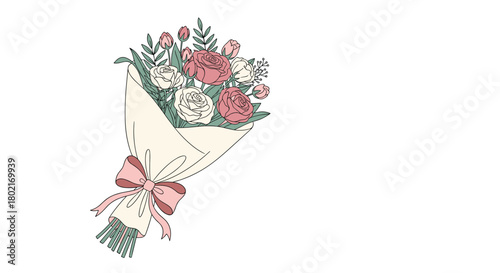 A beautifully arranged bouquet of roses and greenery, wrapped in delicate paper and tied with a pink ribbon, offering a charming floral gift presentation.