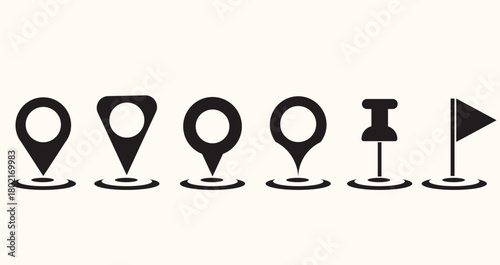 Location pin icons with various point marker shapes, suitable for navigation, maps, destinations and location marking.