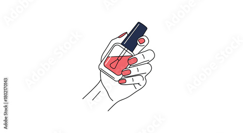 A hand delicately holds a bottle of vibrant red nail polish, poised for a manicure, showcasing beauty and self-care in a minimalist style.