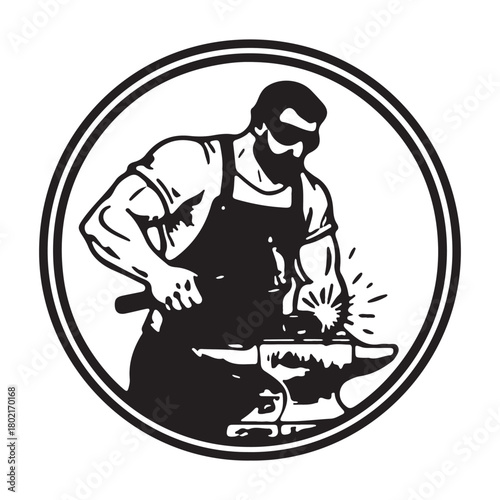 Vintage Blacksmith Working on Anvil with Hammer and Sparks.