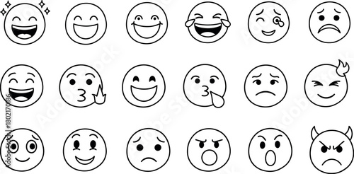 Collection of hand drawn cartoon faces expressing a wide range of emotions and feelings in a simple black and white line art style