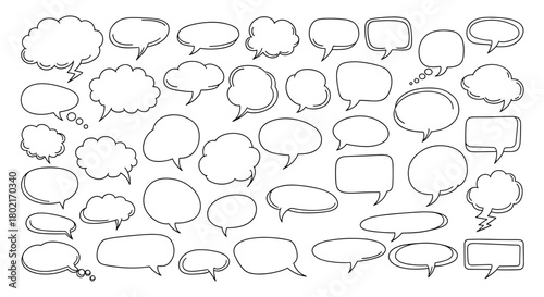 Collection of hand-drawn speech bubbles and thought clouds in various shapes and sizes, perfect for comics, illustrations, and design projects.