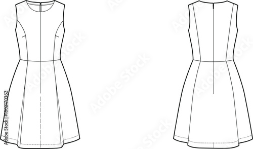Sleeveless women’s dress technical flat sketch, front and back view, fitted waistline dress vector template for fashion design illustration, apparel pattern drawing