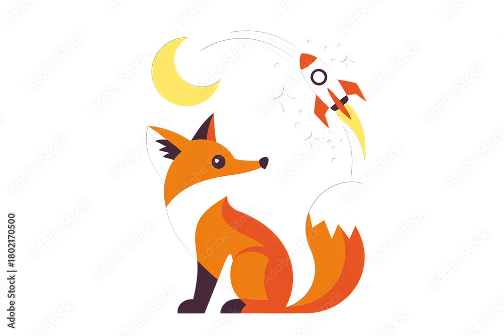 Obraz premium Curious fox gazes at rocket launching towards moon and stars